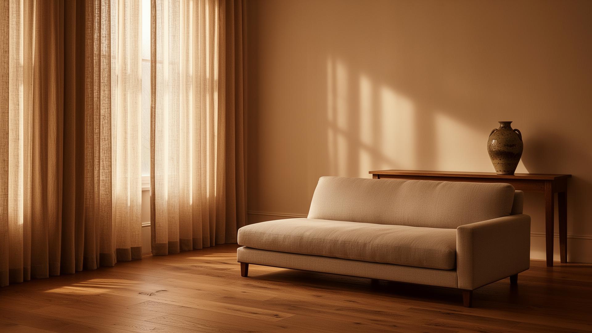 Soft afternoon light through linen drapes in a quiet residential interior